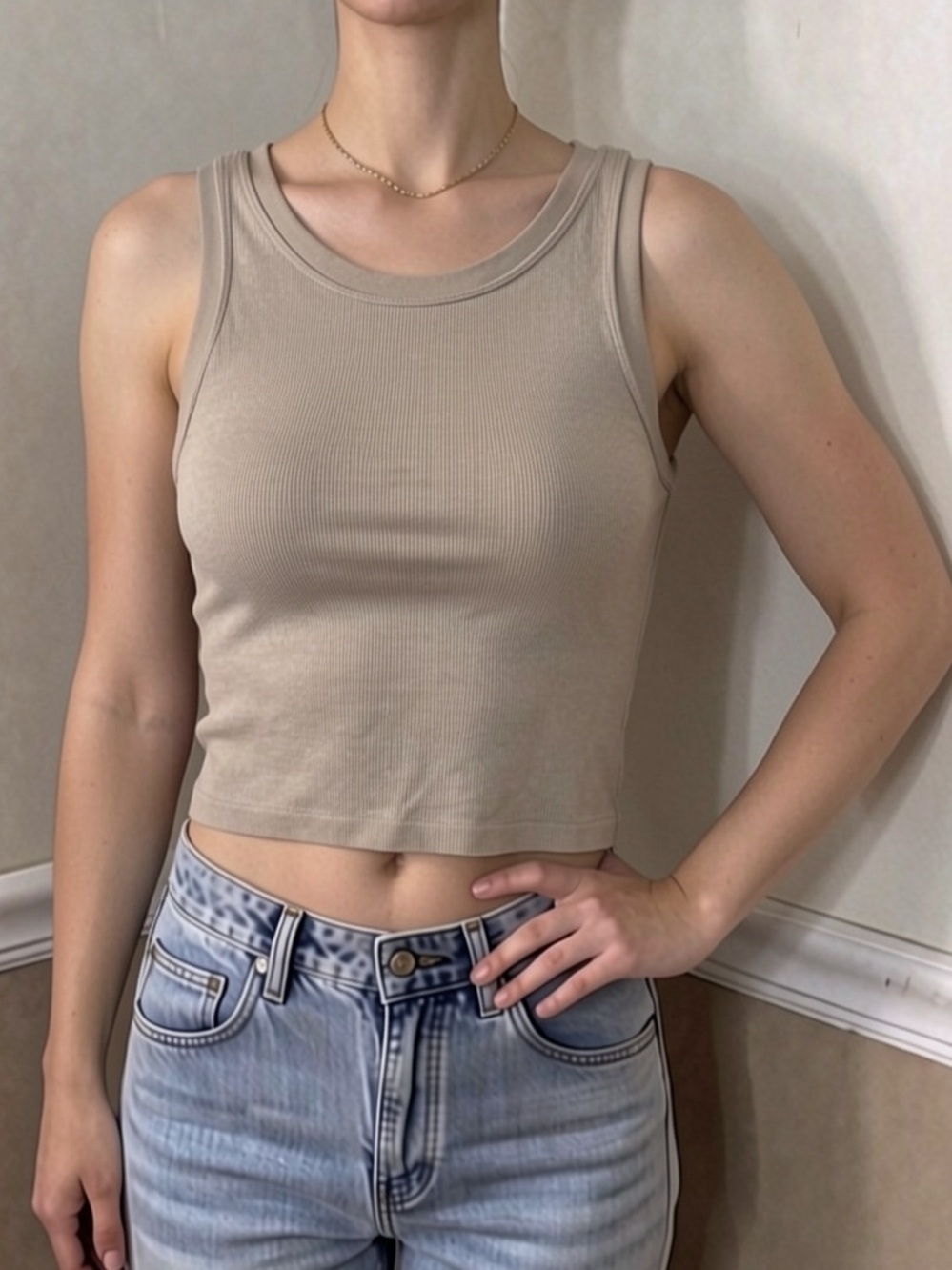 💜 5 for $20! Pro-Fit Sleeveless Ribbed Crop Tank built in sports bra in Beige